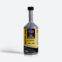 Bottle of fuel conditioner with a yellow label on a white background