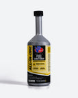Bottle of fuel conditioner with a yellow label on a white background